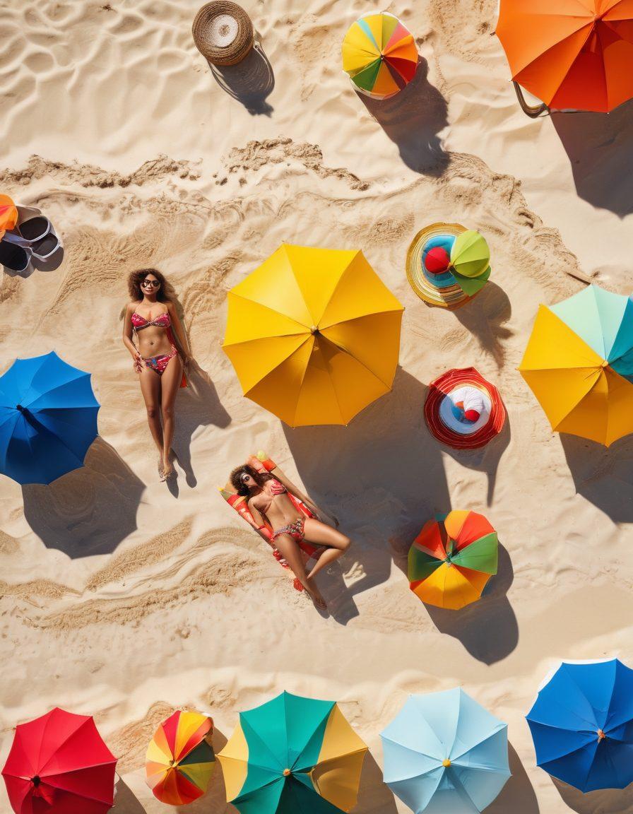 A vibrant beach scene featuring diverse individuals in stylish sunbathing attire, with colorful beach umbrellas and soft golden sand. Showcase various outfits like swimsuits, sarongs, and sunglasses, while including beach accessories like towels and flip-flops. Add some playful beach balls and a cocktail with a tropical garnish. Bright sunlight casts playful shadows, enhancing the cheerful atmosphere. super-realistic. vibrant colors. summer theme.